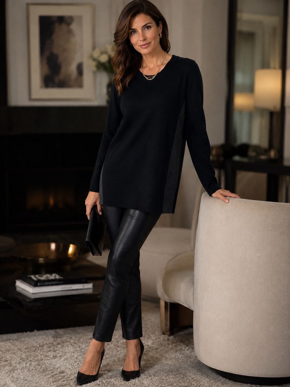 Vince 100% Cashmere Black Gray Colorblock Tunic Sweater Women’s Large L Sale !!!